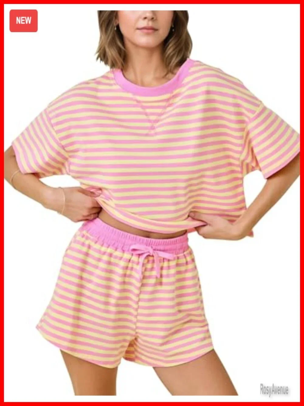 Women Lounge 2 Piece Set Striped Cotton Blend Pajama Shorts Short Sleeve